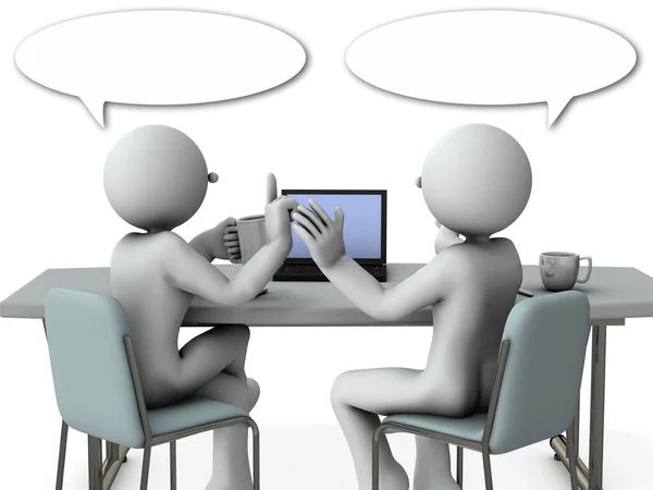 两个商人一边看电脑屏幕一边见面 喝杯咖啡时随便聊一聊 热烈讨论和核查 从后面看3D渲染 — 图库照片