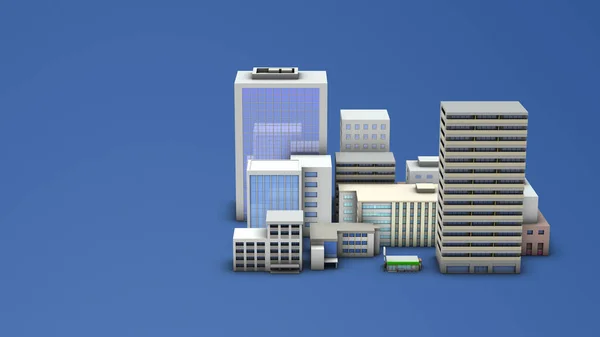 人口密集的城市建筑的缩影 高层公寓和摩天大楼 医院长袍和办公大楼的外部 3D渲染 凉爽的蓝色背景 — 图库照片