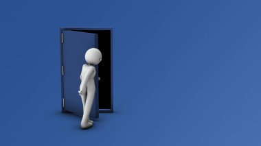 A steel door standing independently in a large space. A person who opens the door and intrudes into a dark room. An undercover spy. Hideout of anti-social forces. abstract concept. 3D rendering.  clipart
