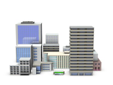 Miniatures of densely populated urban buildings. High rise apartments and skyscrapers. Exteriors of hospitals and government buildings. 3D rendering. white background.
