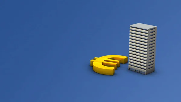 微型公寓和大的欧元标志 代表购房融资计划的抽象概念 房地产和资产的象征 3D渲染 凉爽的蓝色背景 — 图库照片