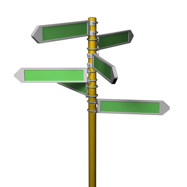 Directional signs with multiple paths and destinations. Abstract concept representing life crossroads and choices. Suggestion of turning point. text space. 3D rendering. white background.