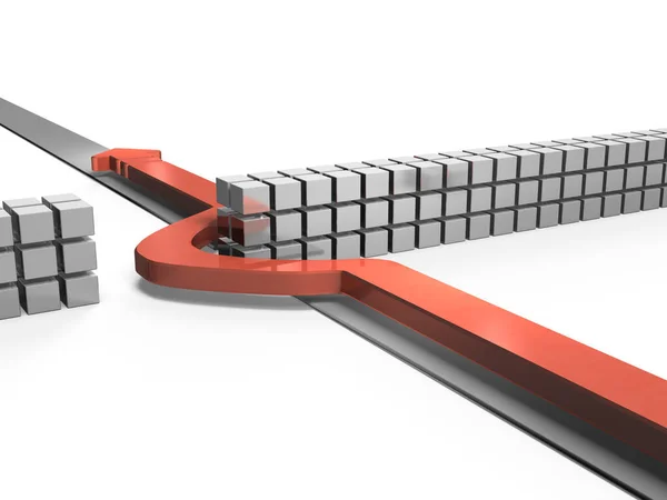 stock image A red arrow that bypasses the wall and keeps moving forward. A wall of obstacles blocking the path. 3d illustration. white background.