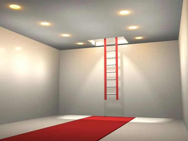 从密闭房间的出口通往楼上的梯子 在航向前发现 一个抽象的概念 代表着一线希望和逃避命运 3D渲染 期望和希望 — 图库照片