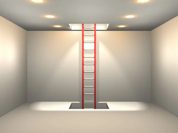 房间的墙上安装了一个红色的梯子 一个抽象的概念 代表命运的岔路口 从命运中逃脱 天堂和地狱的审判发生的房间 3D渲染 — 图库照片
