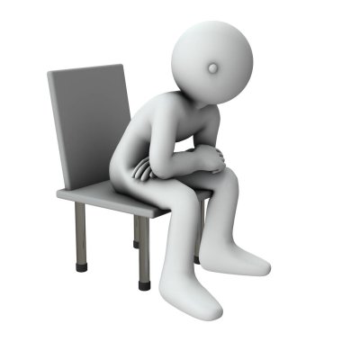 Sandalyeye oturup bana boş boş bakan biri. Kendi dertlerini kendine sordu ve söyleyecek bir şeyi var gibi görünüyordu. Beyaz arka plan. 3B görüntüleme.