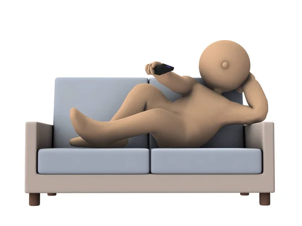 Lazy man lying on the sofa and zapping with a remote control. He is bored and depraved. He is killing time and is unhealthy. Lazy and bored. 3D rendering. White background.