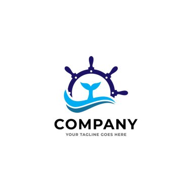 Su üzerinde köpekbalığı yüzgeci logosu ve temiz ve basit dizaynlı denizcilik güneşi. Deniz şirketleri, deniz ürünleri, su sporları ve denizcilikle ilgili işletmeler için idealdir. Vektör logo şablonu