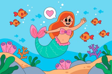 Şirin deniz kızı ve balık temalı vektör sanat çizimi