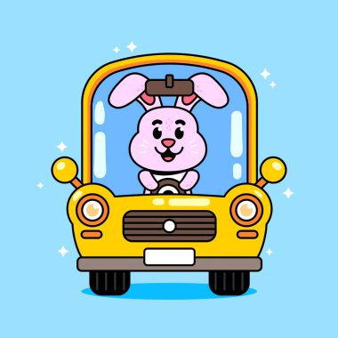 Araba sürerken çekilen sevimli tavşan çizgi filmi. Mutlu çizgi film karakteri konsepti.