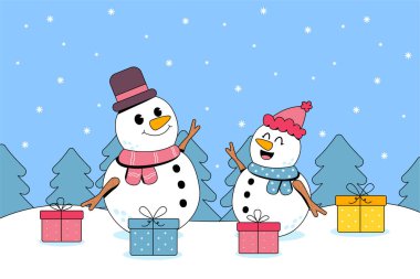 Karlı arazide hediyeleri olan sevimli kardan adam çifti.