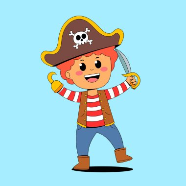 Korsan bayrağı tutan sevimli bir korsan. çizgi film vektör illüstrasyonu