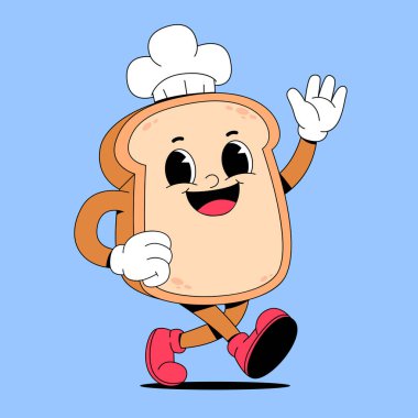 Çizgi film mutlu, gülümseyen kahverengi ekmek şefi büyük bir kahve fincanı tutuyor ve gülümsüyor.