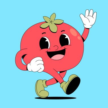 Sevimli kırmızı elmalı maskot el sallıyor ve düz çizgi film tarzında işaret ediyor.