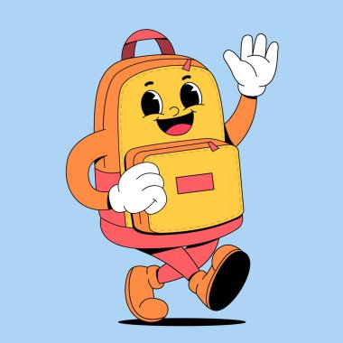 Gülümseyen ve el sallayan mutlu çizgi film sırt çantası. vektör illüstrasyonu.