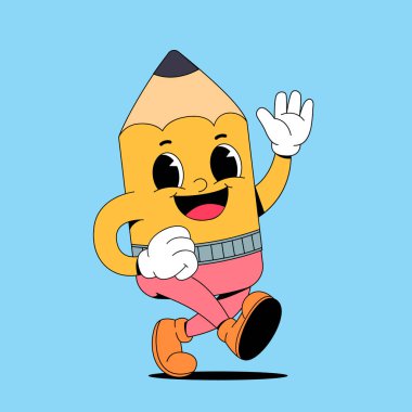 Sarı gülümseyen astronotun el sallamasının vektör karikatürü. Mavi arkaplanda izole edilmiş.