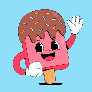 Tatlı çizgi film karakteri elinde çörek tutuyor. Tatlı bir donut karakterinin vektör el çizimi.