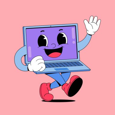 Dizüstü bilgisayarı olan mutlu çizgi film adamı.