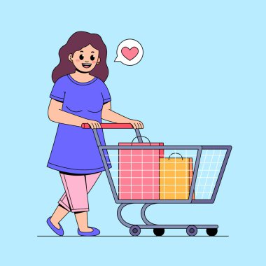 Alışveriş arabalı ve alışveriş çantalı mutlu kız vektör çizimi