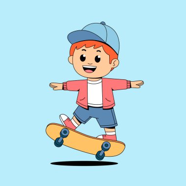 Kaykay karakteri çizimi olan sevimli küçük bir çocuk.