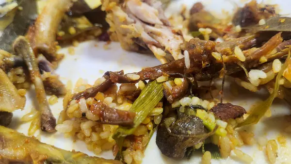 Arta kalan tavuk kemikleri, pirinç taneleri ve sebzeleri doyurucu bir ev yemeğinden sonra tabağa koy..