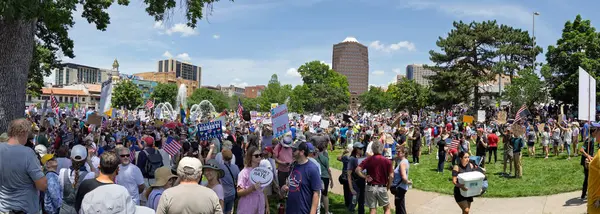 Büyük bir kalabalık protesto veya miting için bir parkta toplanıyor, pankartlar ve pankartlarla. Sahne, açık mavi gökyüzü altında ağaçlar ve şehir binalarıyla çevrili çeşitli katılımcılarla dolu..