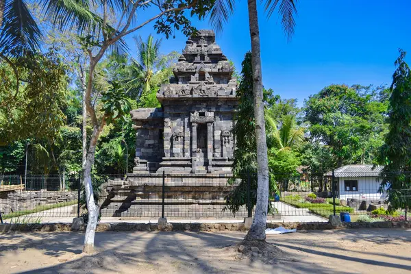 Klaten, Endonezya - 31 Ağustos 2019: Candi Merak 'ın 9. yüzyıl Hindu cazibesini keşfedin, burada antik taş oymaları Klaten' in bereketli pirinç tarlalarıyla barışçıl bir uyum içinde harmanlanır..