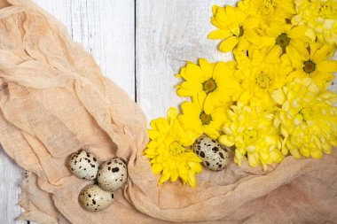 Easter background in natural style. yellow flowers and quail eggs on a fabric on a white wooden table. Easter decor and spring flowers. Easter background in natural style