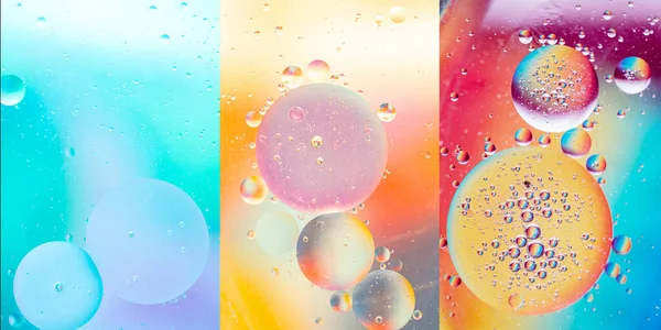 Banner. Emulsion of oil in water and air bubbles, macro photo, selective focus. collage of several abstract bright backgrounds made of colorful bubbles.