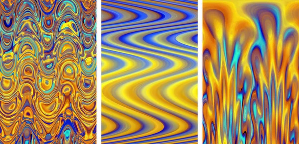 abstract distorted blue golden background, psychedelic pattern with beautiful smooth lines. banner, set of 3 vertical images.