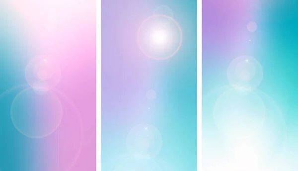 Unusual backgrounds for stories, set of 3 vertical images. Abstract blue pink blurred background with len flare effect. gradient, bokeh.