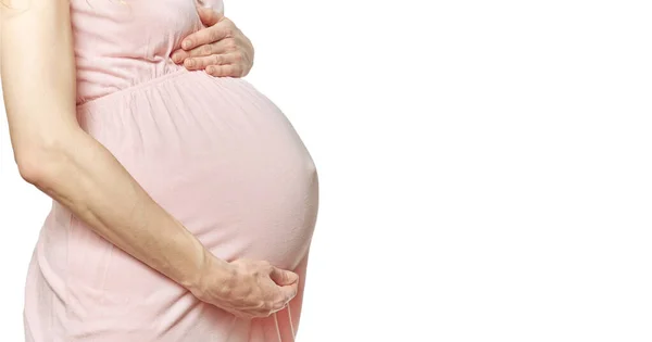 Vientre Mujer Embarazada Sin Rostro Aislado Venas Hinchadas Las Manos — Foto de Stock