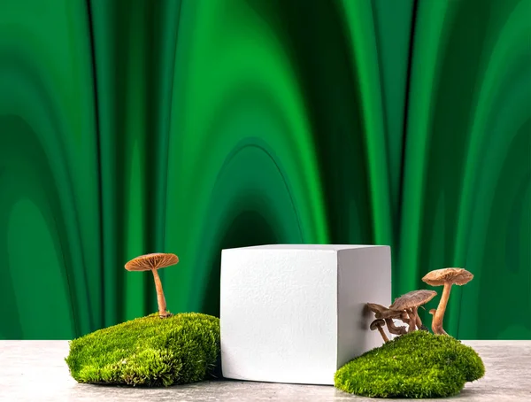 Kubisch Podium Met Groen Mos Champignons Een Groene Abstracte Achtergrond — Stockfoto