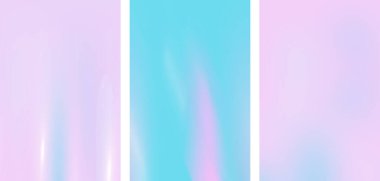 Hassas eğimli arkaplan - pembe mavi yumuşak renkler. 3 dikey resim seti, afiş. Kozmetik ürünlerinin reklamları ve sunumu.