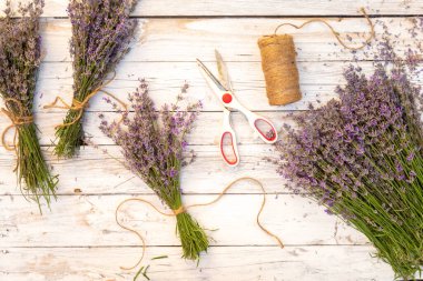 Beyaz ahşap bir masada taze lavanta. Üst Manzara. Boşluğu kopyala