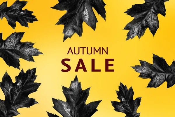 Letters Autumn Sale Black Autumn Leaves Yellow Gradient Background — Stock Photo, Image