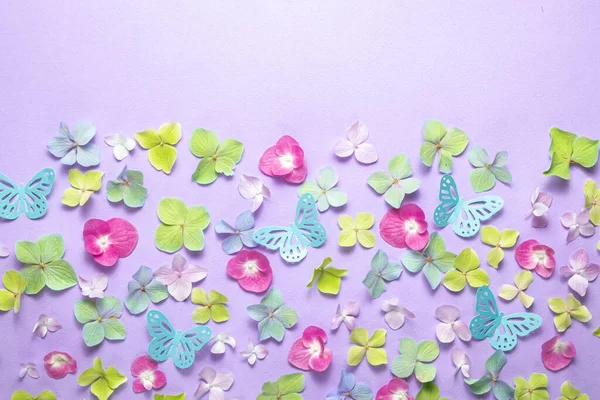 Цветочный Фон Цветных Гортензий Розовых Бумажных Бабочек Вид Сверху Праздничная — стоковое фото