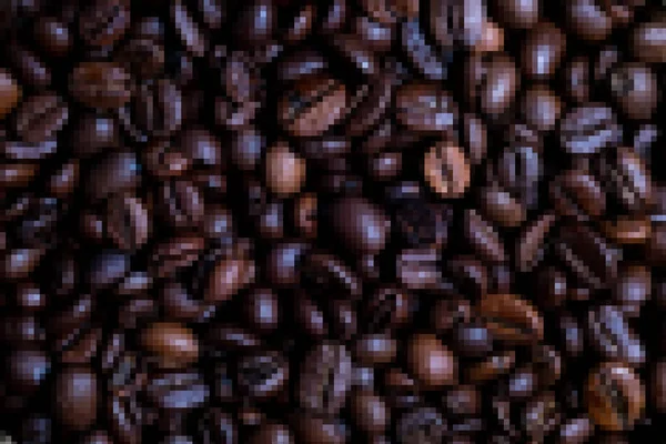 Mosaic pixel. Roasted coffee beans close-up, top view, full frame. Dark photo