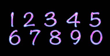 0 'dan 9' a kadar olan sayılar siyah bir arkaplanda, holografik metinde izole edilmiş. Pembe ve mavi tonlarda parıldıyor. 