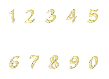 0 'dan 9' a kadar olan hacimli rakamlar beyaz bir arkaplanda, holografik metinde izole edilmiş. Altın tonlarda ışıldayan. 