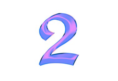 2 numara beyaz arkaplanda izole edilmiş, hologram efekti mavi ve leylak tonlarında.