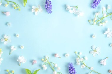 İlkbahar. Bahar çiçeklerinden açık mavi bir arkaplanda deri yüzülmüş. Yukarıdan görüntüle, boşluğu kopyala. Güzel çiçek deseni.