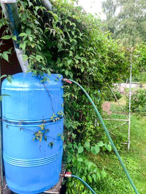 Çatı altında su toplama tankı ve drenaj. Yağmur suyu hasat mimarisi. Dikey fotoğraf. 