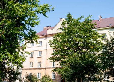Ukrayna 'nın başkenti Lviv' de ağaçlarla dolu bir ön planı olan geleneksel bir apartmanın huzurlu manzarası. Kentsel yaşam, mimari ve şehir ortamlarıyla ilgili konular için ideal 