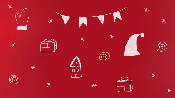 stock image Charming Christmas-themed doodles including a Santa hat, mittens, presents, and a house, all on a red background. Perfect for holiday designs and greeting cards. naive style 