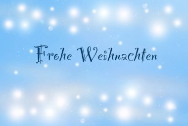 Huzurlu mavi arka planda neşeli bir Frohe Weihnachten mesajı. Yumuşak parlayan ışıklar, Noel temalı tasarımlar için mükemmel büyülü bir kış atmosferi yaratır..