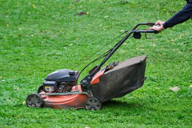 Yeşil çimlerde kırmızı çim biçme makinesi kullanan yüzü olmayan biri, bahçesini koruyor. Görüntü, güneşli bir günde bahçe işlerini ve bahçeleri yakalıyor..