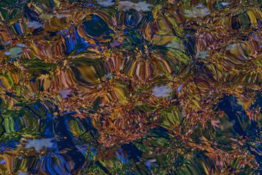 Abstract view of autumn trees reflected in rippling water, blending vibrant green, orange, and blue hues to create a mesmerizing, wavy pattern clipart