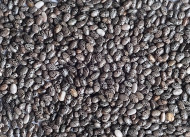 Doğal dokuya sahip küçük chia tohumlarının detaylı makro görüntüsü. Lifli ve omega-3 içerikli sağlıklı bir süper yiyecek. Sağlıklı bir diyet için ideal. Üst görünüm, tam çerçeve