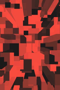 Dinamik kırmızı ve siyah dikdörtgen şekiller dijital 3 boyutlu geometrik soyutlama oluşturur. 